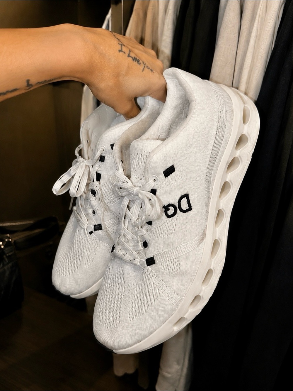 Women's White Knit Lace-Up Sneakers with Black Stitching Detail